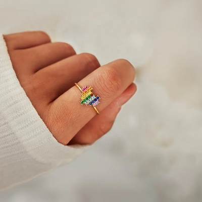 Wedding Engagement Ring in 18K Gold with Cute Heart Shape Design and Rainbow