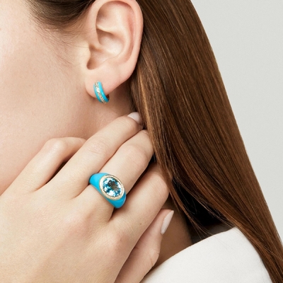 Micro Insert 18K Gold Plated Blue Topaz Enamel Fashion Women's Brass Rings