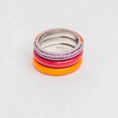 Elegant 925 Sterling Silver 18k Yellow Gold Half Zircon Half Enamel Ring