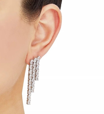White CZ Oval Bridal Brass Tennis Wedding Earrings White Gold Plated for Bridal Party