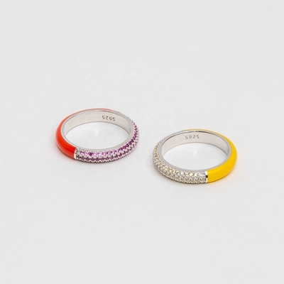Elegant 925 Sterling Silver 18k Yellow Gold Half Zircon Half Enamel Ring