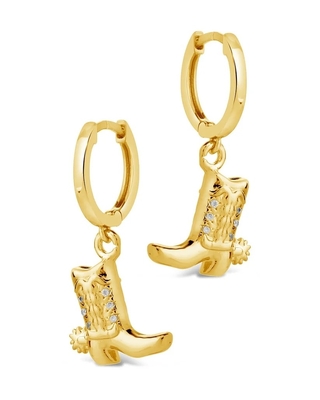 Cowboy Boot Micro Delicate Brass Drop Earrings White CZ Stone Brass Dangle Earrings