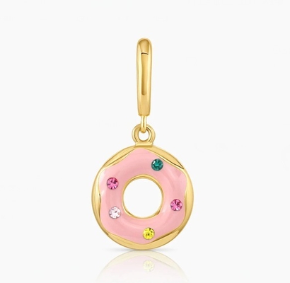 Gold Plated Design Rainbow Colorful Small Pink Donut Charm Pendant in 925 Sterling Silver