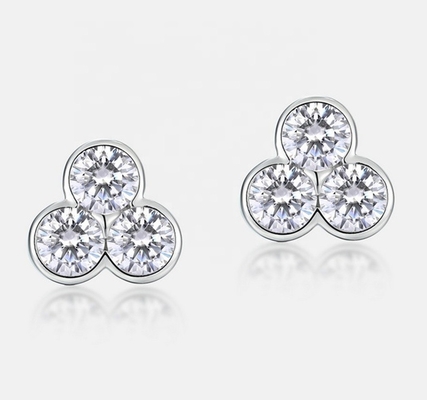 S925 Silver Three Stone Stud Earrings with Rhodium Plating For Women And Girls Fine Jewelry