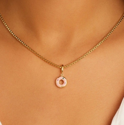 Gold Plated Design Rainbow Colorful Small Pink Donut Charm Pendant in 925 Sterling Silver