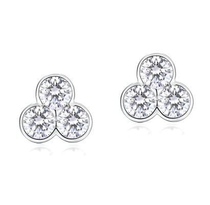 S925 Silver Three Stone Stud Earrings with Rhodium Plating For Women And Girls Fine Jewelry