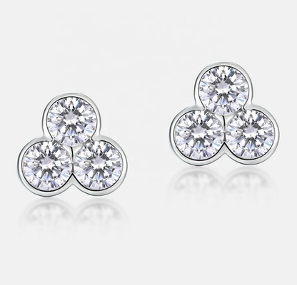 S925 Silver Three Stone Stud Earrings with Rhodium Plating For Women And Girls Fine Jewelry