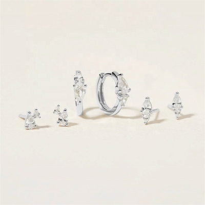 Trendy 18K Gold Plated White Cubic Zircon 925 Sterling Silver Stud &amp; Huggies Set Earrings