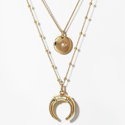 Gold Sparkling Layered Necklace Set 45CM Zirconia Coin Horn Pendant Necklace