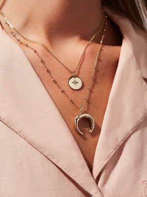 Gold Sparkling Layered Necklace Set 45CM Zirconia Coin Horn Pendant Necklace