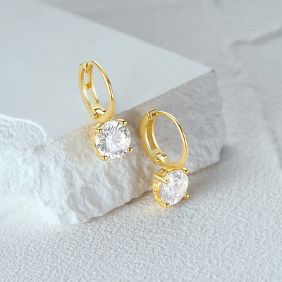 925 Sterling Silver Arrived 18K Gold Plated Solitaire White Cubic Zircon Huggies Earrings