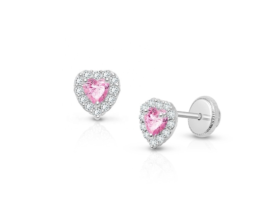 925 Sterling Silver Heart Shaped Pink & White CZ Stud Earrings with Pave Setting for Children's Fine Jewelry