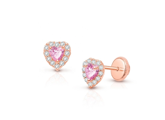 925 Sterling Silver Heart Shaped Pink & White CZ Stud Earrings with Pave Setting for Children's Fine Jewelry