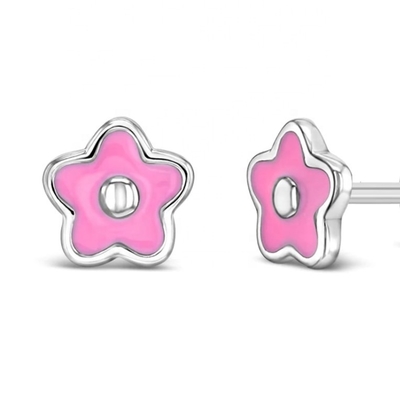 925 Sterling Silver 6mm Pink Enamel Flower Stud Earrings with Customized Logo and Third Party Appraisal for Children
