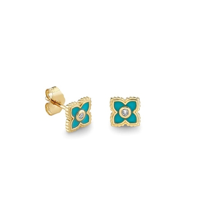 18K Gold Plated Turquoise Enamel Mini Stud Flower Earrings in 925 Sterling Silver