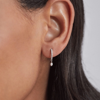 925 Sterling Silver Marquise Cut Zircon Drop Hoop Earrings for Engagement Occasion with 12mm Hoop Diameter and 2mm Thickness