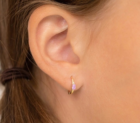 14K Gold Plated 10mm Baguette Cut Pink Cubic Zircon Children's Hoop Earrings with 50PRS MOQ