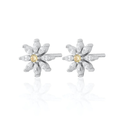 925 Sterling Silver 18K Gold Plated Flower Design Stud Earrings with Marquise Cut and Claw Setting
