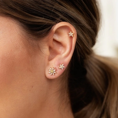 925 Sterling Silver 18K Gold Plated Flower Design Stud Earrings with Marquise Cut and Claw Setting