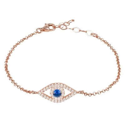 Rose Gold Thin Silver Chain Bracelet White Blue CZ Eye 925 Sterling Silver