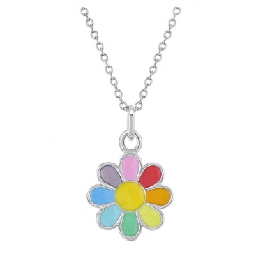 925 Sterling Silver Rainbow Enamel Daisy Pendant Necklaces for Children and Young Girls