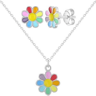 925 Sterling Silver Rainbow Enamel Daisy Pendant Necklaces for Children and Young Girls