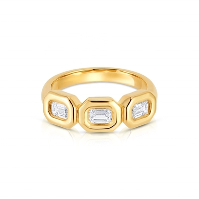 Handmade Silver Triple Emerald Ring with AAA Zircon Stone and 14K Gold Bezel Setting