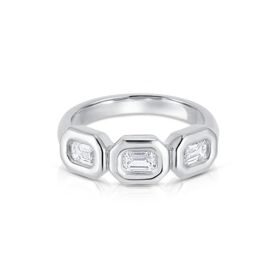 Handmade Silver Triple Emerald Ring with AAA Zircon Stone and 14K Gold Bezel Setting