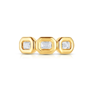 Handmade Silver Triple Emerald Ring with AAA Zircon Stone and 14K Gold Bezel Setting