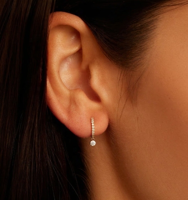 Trendy 14K Gold Plated Zircon Drop Pave Huggie Earrings with 9.5 mm Profile Diameter and 12 mm Total Drop
