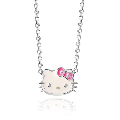 Pink White Enamel Hello Kitty Sterling Silver Pendant Rhodium Plating