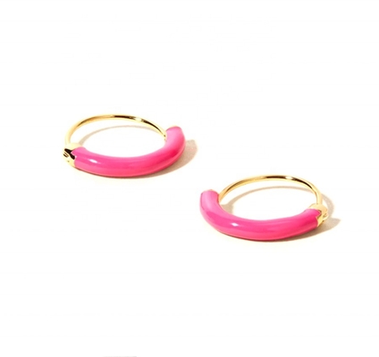 925 Sterling Silver EARRINGS 18MM Dia Hoops with Hot Pink Enamel and 18K Gold Plating