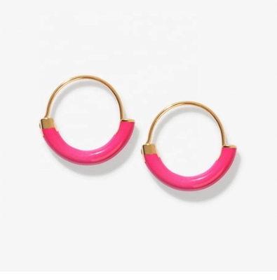 925 Sterling Silver EARRINGS 18MM Dia Hoops with Hot Pink Enamel and 18K Gold Plating