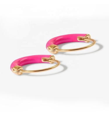 925 Sterling Silver EARRINGS 18MM Dia Hoops with Hot Pink Enamel and 18K Gold Plating