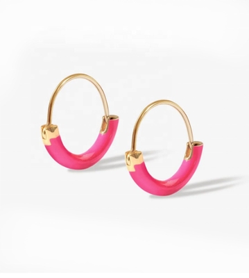 925 Sterling Silver EARRINGS 18MM Dia Hoops with Hot Pink Enamel and 18K Gold Plating
