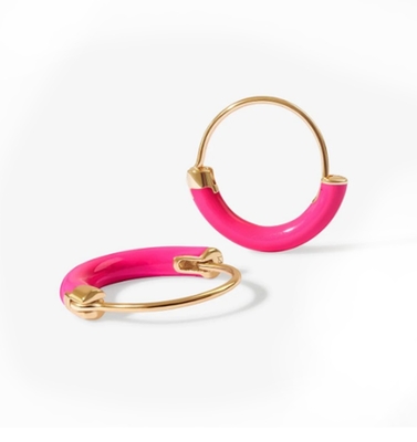 925 Sterling Silver EARRINGS 18MM Dia Hoops with Hot Pink Enamel and 18K Gold Plating
