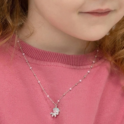 Kids Enamel Unicorn Pendant Necklace 925 Sterling Silver White Gold Plated