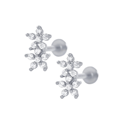 Classic Style Double Flowers Ball Back Flat Back 925 Sterling Silver Earrings for Girls