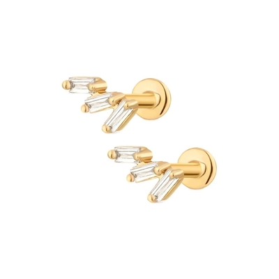 Triple White Cubic Zircon Threaded Flat Back 925 Sterling Silver Earrings Express Shipping