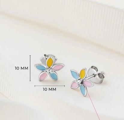 Yellow Enamel Multi Color Flower Stud Earrings 925 Sterling Silver Flower Studs