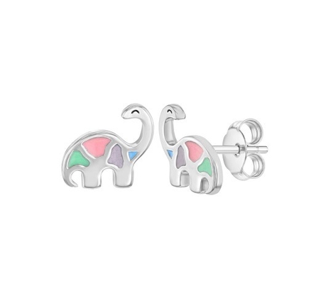 Multicolored Enamel Dinosaur Stud Earrings 925 Sterling Silver For Little Girls