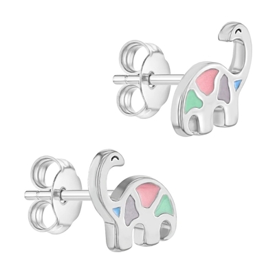 Multicolored Enamel Dinosaur Stud Earrings 925 Sterling Silver For Little Girls