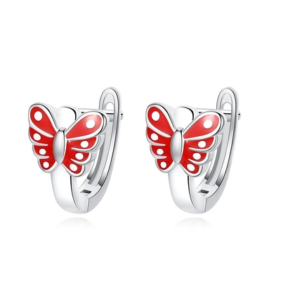 Butterfly Red Enamel Childrens Sterling Silver Hoop Earrings White Gold Plated