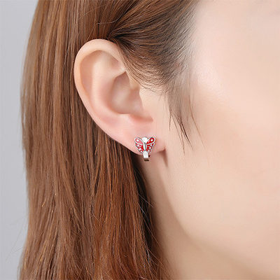 Butterfly Red Enamel Childrens Sterling Silver Hoop Earrings White Gold Plated