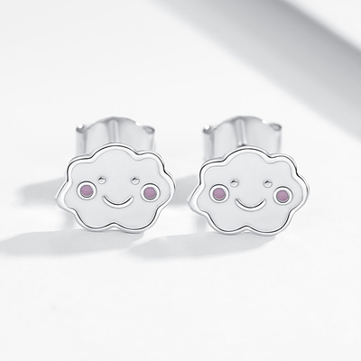 Rhodium Plated 925 Silver Clouds Enamel Stud Earrings for Baby Children Little Girl