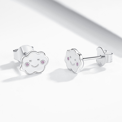 Rhodium Plated 925 Silver Clouds Enamel Stud Earrings for Baby Children Little Girl