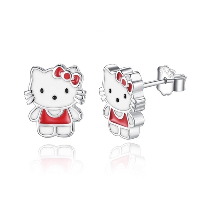 Kitty Childrens Silver Stud Earrings Red White Black Enamel Jewelry In 925 Silver