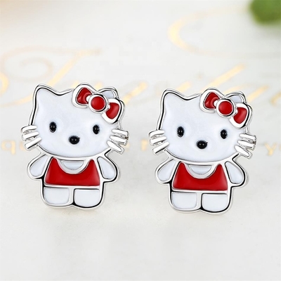 Kitty Childrens Silver Stud Earrings Red White Black Enamel Jewelry In 925 Silver
