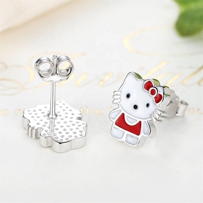 Kitty Childrens Silver Stud Earrings Red White Black Enamel Jewelry In 925 Silver