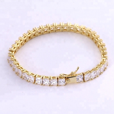 Unisex Handmade 18K Gold Hip Hop Iced Square Cut Diamond CZ 925 Sterling Silver Stacking Tennis Bracelet